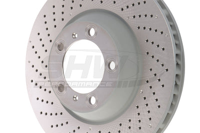 SHW Performance 09-13 Porsche 911 Turbo w/Center Lock w/o Ceramics Left Frt Drill-Dimp MB Rotor (99735140502) - Brakes