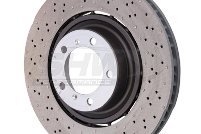 SHW Performance 14-19 Porsche 911 Turbo 3.8L w/o Ceramics Left Front Drilled-Dimpled LW Brake Rotor (9P1615301K)