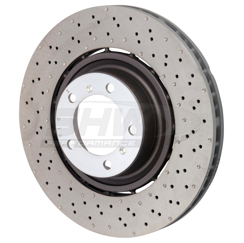 SHW Performance 14-19 Porsche 911 Turbo 3.8L w/o Ceramics Right Front Drilled-Dimple LW Brake Rotor (9P1615302K)