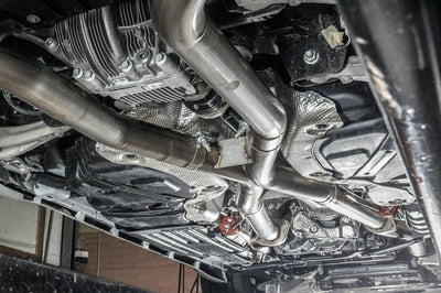 Stainless Works 2018 Jeep TrackHawk 6.2L 3in Catback System X-Pipe Turbo S-Tube Muffler Stock Exit - Exhaust Mufflers &
