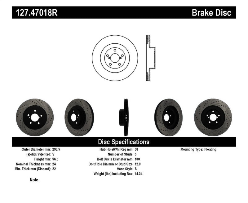 Stoptech StopTech 02-10 Subaru WRX Slotted & Drilled Right Front Rotor (exc. STi) - Brakes Rotors Pads