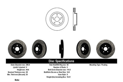 Stoptech StopTech 07-09 Lexus ES 250/ES 300/ ES330/ES350 SportStop Slotted & Drilled Right Front Rotor - Brakes Rotors