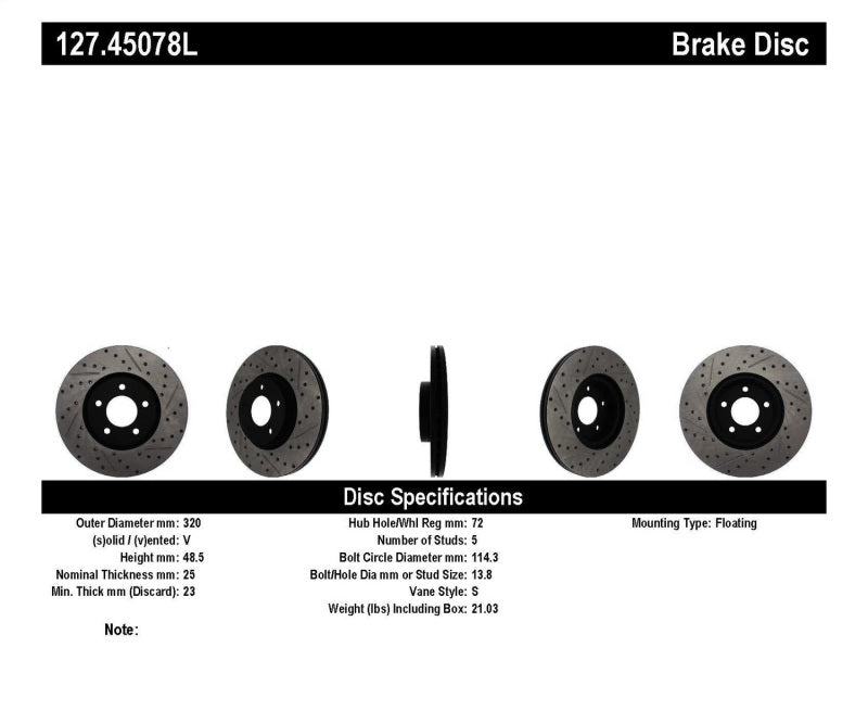 Stoptech StopTech 07-09 Mazda 3 Left Front Slotted & Drilled Rotors - Brakes Pads