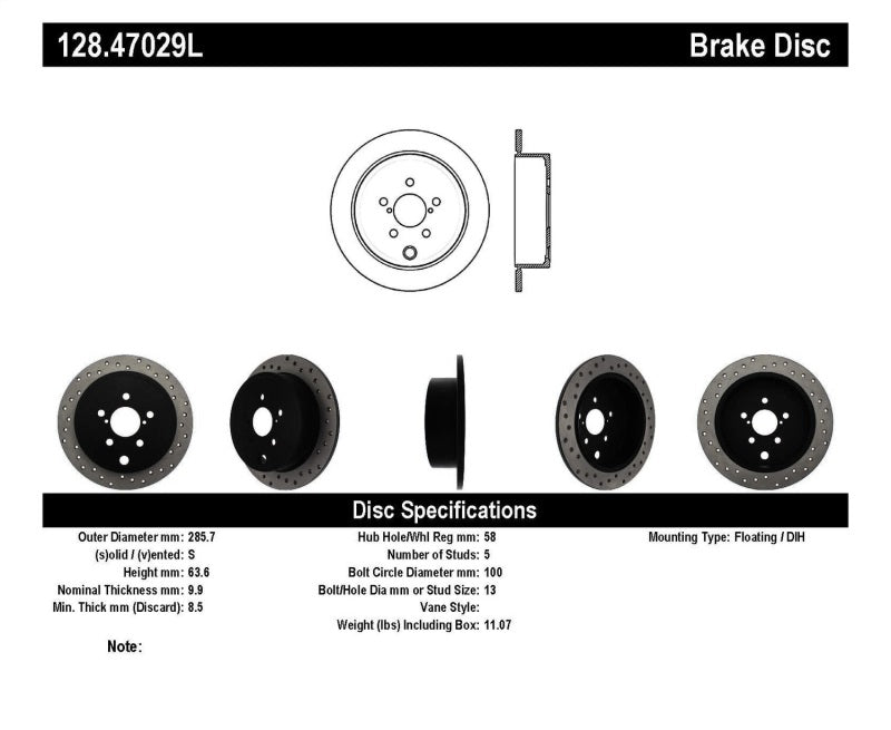 Stoptech StopTech 08-10 WRX Drilled Left Rear Rotor - Brakes Rotors & Pads
