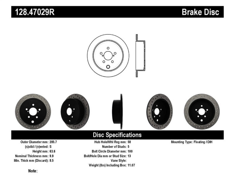 Stoptech StopTech 08-10 WRX Drilled Right Rear Rotor - Brakes Rotors & Pads