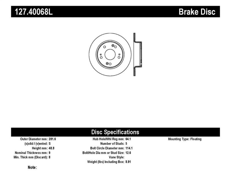 Stoptech StopTech 09-10 Acura TSX / 08-10 Honda Accord Coupe/05-10 Sedan Left Rear Slotted & Drilled Rotor - Brakes