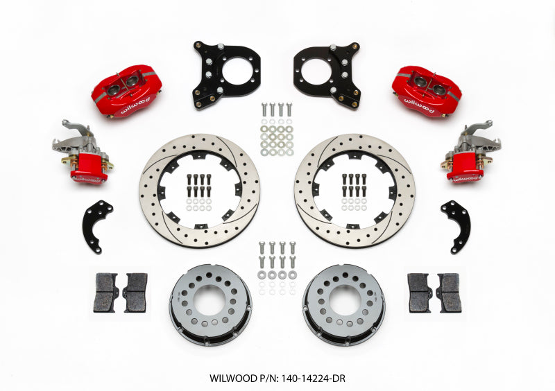 Wilwood Forged Dynalite P/S Rear Kit w/MC4 P-Brake Drill Red Chev 12 Bolt w/Clip Eliminator - Brakes Rotors & Pads